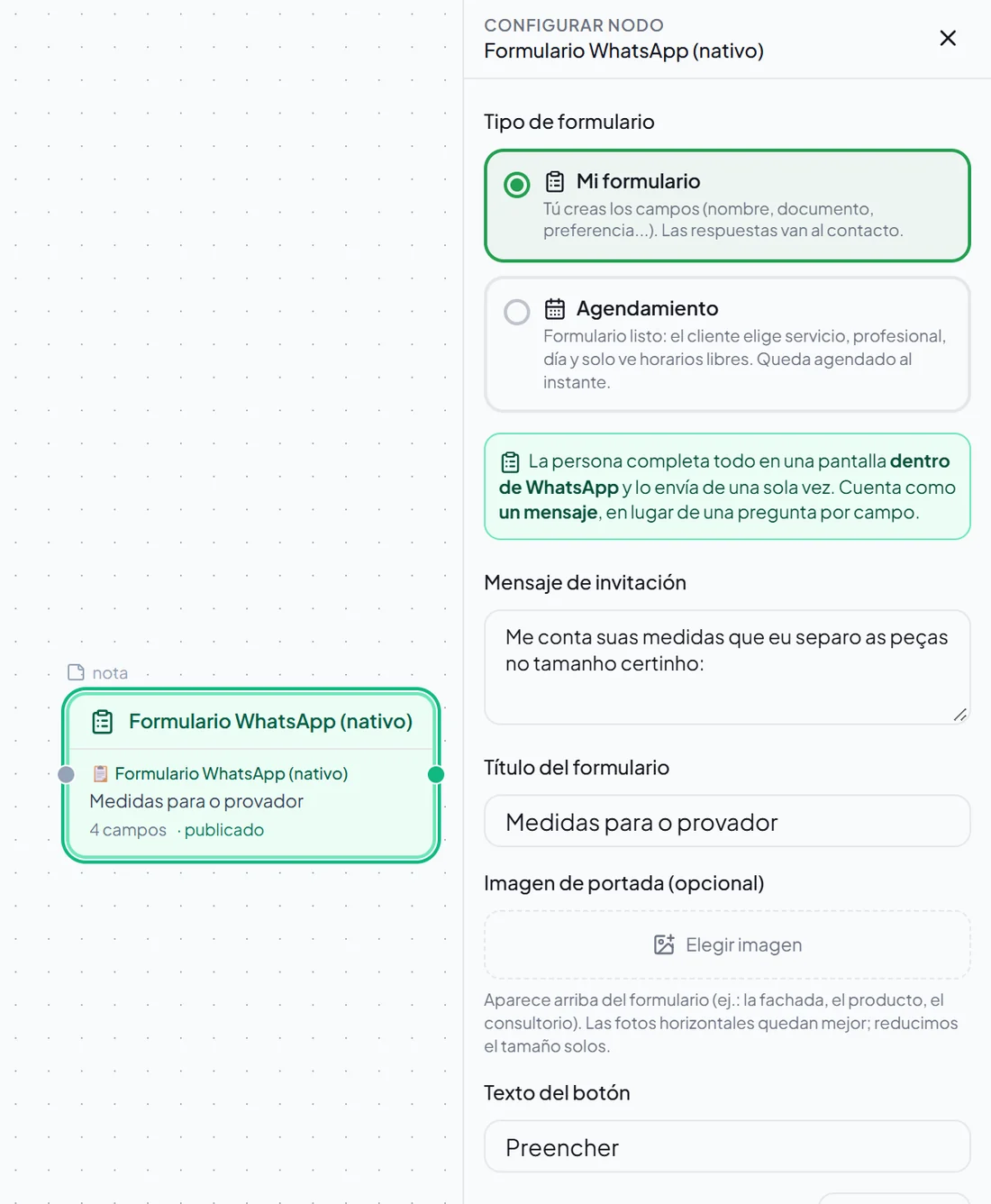 Bloque Formulario WhatsApp (nativo) abierto en el editor de automatizaciones de OneSendz