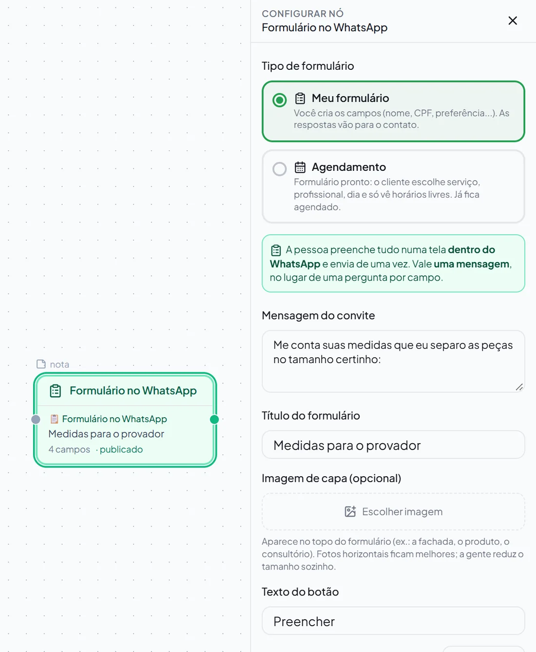 Bloco Formulário no WhatsApp aberto no editor de automações do OneSendz