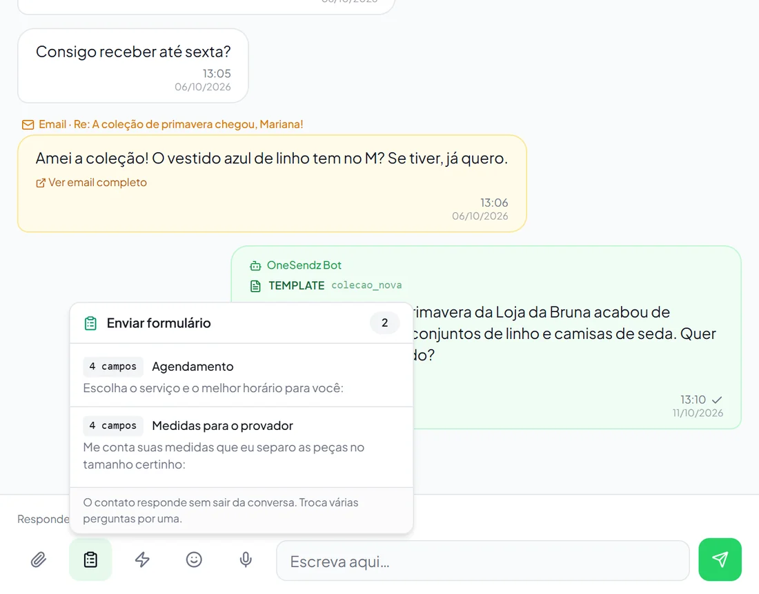 Botão Enviar formulário na Caixa de entrada do OneSendz, com os formulários publicados