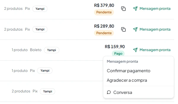 Menu Mensagem pronta aberto num pedido pago, com as opções Confirmar pagamento e Agradecer a compra