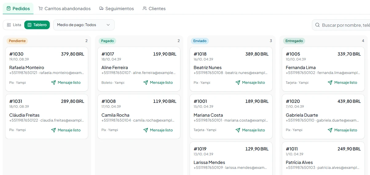 Pestaña Pedidos en modo Tablero, con columnas Pendiente, Pagado, Enviado y Entregado