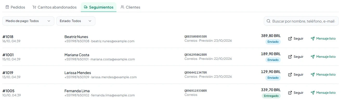 Pestaña Seguimientos con código de seguimiento, transportista, entrega prevista y botón Seguir en cada pedido