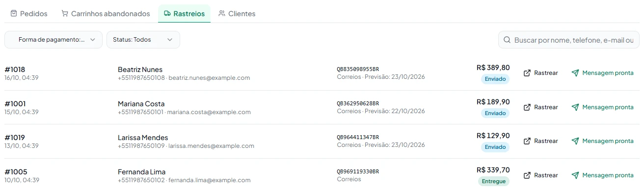 Aba Rastreios com código de rastreio, transportadora, previsão de entrega e botão Rastrear em cada pedido